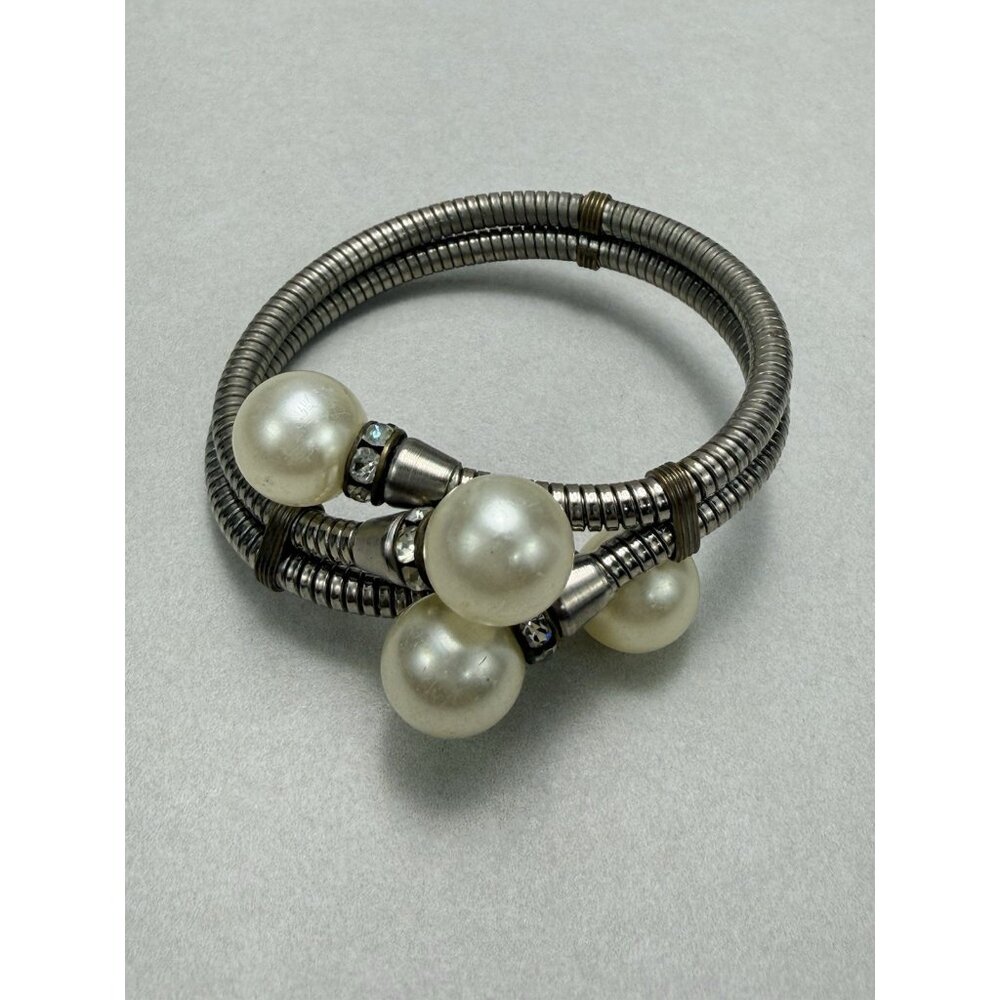 Pearl Rhinestone Wrap Bracelet Multi Strand Silver Tone Statement